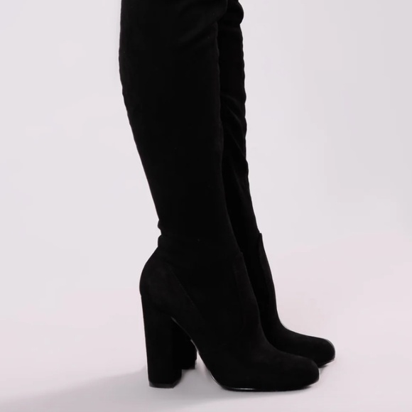 ✨ Black Faux Suede Thigh-High Drawstring Boots – 3¼" Heel ✨ - Picture 4 of 10